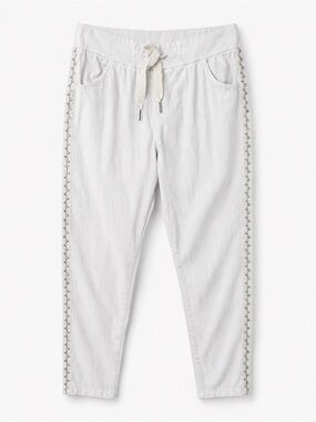 Vintage White Stretch Drawstring Casual Pants with Rhinestone Side size 6